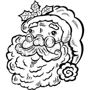 Black and white clipart image of Santa Claus with glasses, a fluffy beard, and holly on his hat.