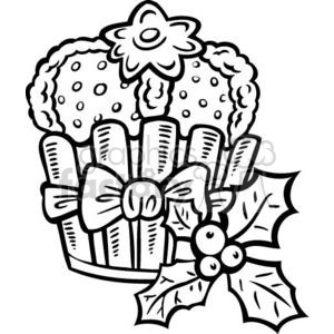 Black and white clipart image of a festive Christmas pudding with holly decoration, a bow, and berries.