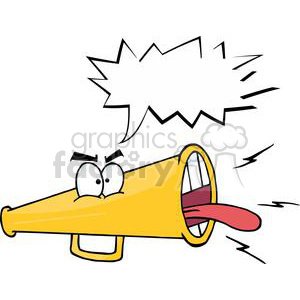   The clipart image shows an anthropomorphic megaphone character. It has a pair of cartoonish eyes and a mouth with its tongue sticking out. The megaphone is depicted in the middle of shouting or making a loud noise, as illustrated by the blank speech bubble and the lines around the megaphone indicating it