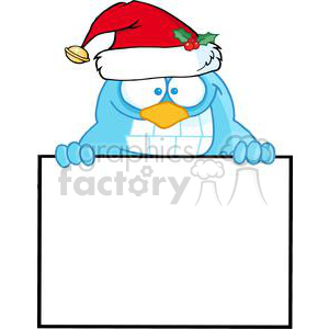 A humorous blue bird character wearing a Santa hat peeking over a blank sign.