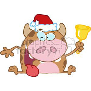 A cheerful cartoon cow wearing a Santa hat and holding a bell, featuring a humorous and festive design.