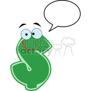 Clipart image of a green dollar sign character with eyes and a smile, featuring a speech bubble.
