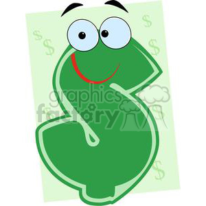 This clipart image features a smiling, anthropomorphic green dollar sign with cartoonish eyes and a red smiling mouth. The background includes smaller dollar signs.