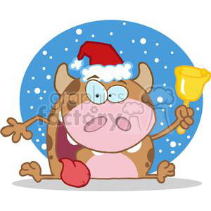 A funny cartoon cow wearing a Santa hat and holding a bell, standing against a snowy background.