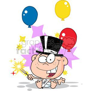 A humorous clipart image of a cartoon baby wearing a top hat and a sash labeled '2011', holding a sparkler. The baby is surrounded by colorful balloons and stars, celebrating New Year's Eve.