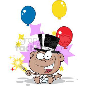 A cartoon baby wearing a top hat and a '2011' sash, surrounded by colorful balloons and holding a sparkler, celebrating New Year's Eve.