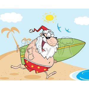Santa-Running-On-A-Beach-With-A-Surfboard