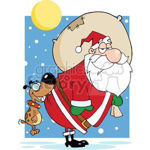 A funny cartoon image of Santa Claus with a mischievous dog playfully biting his coat. Santa carries a big sack of gifts, standing in a snowy scene with a bright moon overhead.