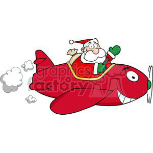 A humorous clipart image of Santa Claus flying a red jet plane with a happy expression on the plane's face, symbolizing a fun twist on holiday traditions.