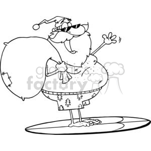 A humorous cartoon of Santa Claus surfing, wearing tree-patterned shorts and sunglasses, holding a sack.