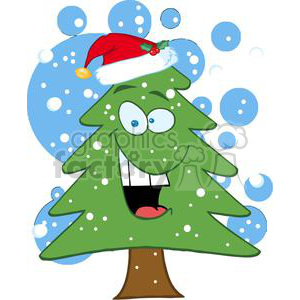 A cartoon Christmas tree with a funny face wearing a Santa hat, surrounded by blue bubbles and snowflakes.