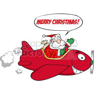 Cartoon of Santa Claus flying a red airplane with a speech bubble saying 'Merry Christmas'.