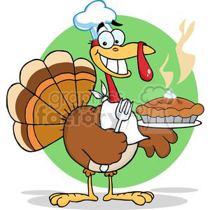 A cartoon turkey dressed as a chef holding a steaming pie, smiling humorously in a Thanksgiving-themed illustration.