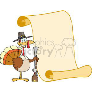 A cartoon turkey dressed as a pilgrim holds a vintage rifle and stands next to a blank scroll.