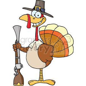 A humorous clipart image of a Thanksgiving turkey dressed as a pilgrim, holding a musket.