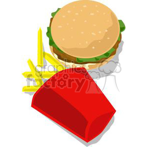 A clipart image of a cheeseburger with lettuce and a side of French fries in a red container.