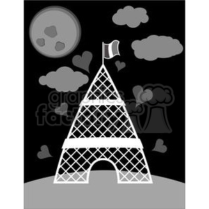   The image is a black and white clipart representation of the Eiffel Tower at night. It features the iconic structure with a pattern of crosses and beams, which characterizes its iron lattice design, against a backdrop of a dark sky with clouds and a stylized full moon. There are heart shapes interspersed within the clouds, suggesting a romantic theme. A small flag is positioned at the tower