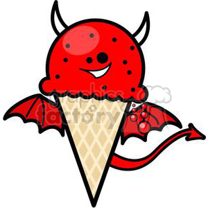 A playful clipart image of a red ice cream cone designed to look like a devil, featuring horns, wings, and a tail.