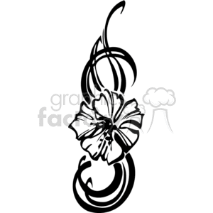 A black and white clipart image of a stylized flower with curved lines and abstract petal shapes.