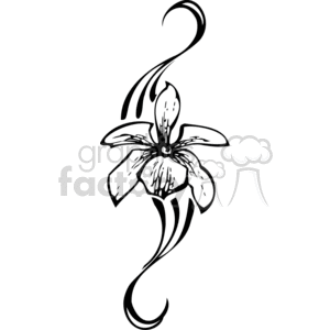 Black and white clipart of a stylized orchid flower with elegant, swirling lines extending from it.