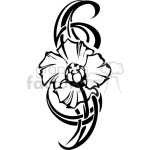 A black and white clipart illustration of a flower with a central bloom and stylized petals and leaves.