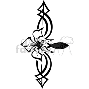 This clipart image features a stylized black and white design centered around a flower. The flower is surrounded by symmetrical, geometric patterns that extend both above and below it, giving the overall design an intricate and decorative appeal.