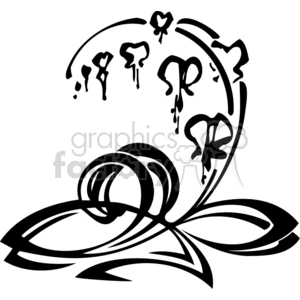 A stylized black and white clipart image of two interlocking rings set within an abstract design, featuring curved lines and floral-like elements.