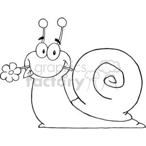 In the clipart image, there is a cartoon depiction of a snail. The snail appears to have a happy facial expression with large, round eyes, and its antennae end in little balls. It is holding a flower in its mouth, which adds to the whimsical and funny nature of the drawing.