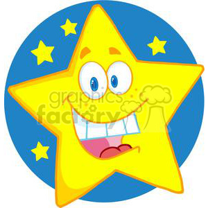 A cartoon illustration of a smiling yellow star character with big blue eyes and a wide grin. The star is set against a blue circular background with additional small yellow stars.