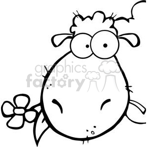 The image shows a line drawing of a cartoon sheep. This sheep has a whimsical, exaggerated appearance with large, round eyes and a tuft of hair on top of its head. Its body is rounded, and it appears to be holding a small flower with its mouth.