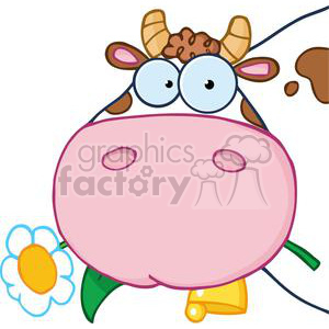 The clipart image depicts a colorful cartoon of a wide-eyed, whimsical cow. The cow has a large, round, pink face, with oversized, googly blue eyes. The cow's small, brown and white, pointy horns can be seen, as well as its large ears sticking out. A cute yellow bell hangs from the cow's neck. The cow also has a little flower near its mouth, adding to the charming, comical effect of the picture. There's a splash of brown that resembles a spot pattern or perhaps a suggestion of mud splashing.