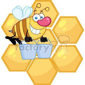 A cheerful, smiling cartoon bee holding two buckets, set against a honeycomb background.