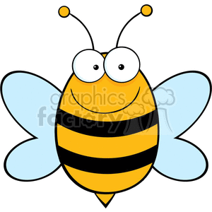 A cute and cartoonish yellow bee with black stripes and blue wings. The bee has a happy facial expression with large eyes and two antennae.