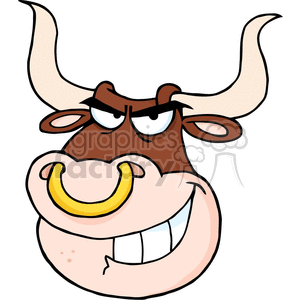 The clipart image features a whimsically styled cartoon bull. The bull has large, exaggerated features including big, white horns, heavy-lidded eyes with a mischievous or sly expression, and a very large smiling mouth with a prominent gold ring in its nose. The bull also has two small dots for nostrils and a couple of freckles on its cheek, adding to the playful design.