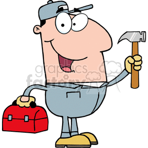 Funny Cartoon Handyman with Hammer and Toolbox