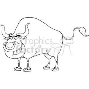 This is a black and white clipart image of a funny character designed to resemble a bull. The bull has exaggerated facial features including large, droopy eyes, a big, smiling mouth with a missing tooth, and very long, curved horns. There is a tuft of hair at the end of its tail, and its hooves appear fluffy.