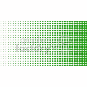 A green dot halftone pattern transitioning from small to large dots on a white background.