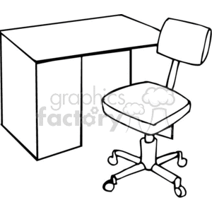 Black and white outline of a desk and chair