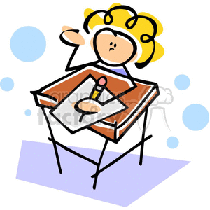 A cute and funny clipart image of a girl with curly hair sitting at a desk in a classroom, holding a pencil and paper, appearing to be questioning or learning.