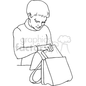 Black and white outline of a boy packing his backpack