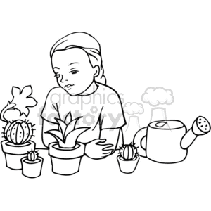 Black and white outline of a student learning about plants and cactus