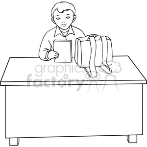 Black and white outline of a boy sitting at a desk with his backpack