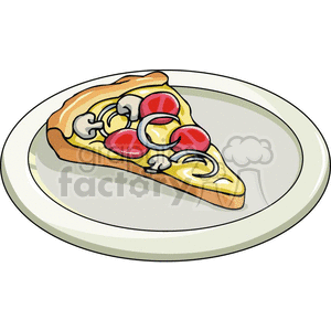 A clipart image of a slice of pizza on a plate. The pizza slice features toppings including mushrooms, tomatoes, and onions.