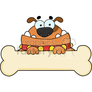 The clipart image features a cartoon dog with a comical expression, peeking over a large bone. The dog appears to be happy or excited and is wearing a colorful collar with red and yellow details. It has a brown coat, with spots on its back, large bulging eyes, and a big black nose.