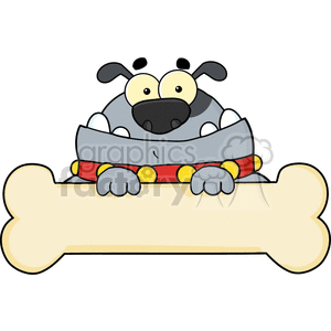 This clipart image features a humorous depiction of a grey dog with floppy ears, sporting a black spot over one eye and a friendly smile. It's wearing a red collar with yellow spots. The dog is sitting behind a large, beige dog bone. The dog looks comically content and cozy