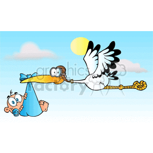 A cartoon stork wearing aviator goggles and a helmet is flying through the sky while carrying a baby in a blue bundle. The baby has a pacifier in its mouth and appears surprised.