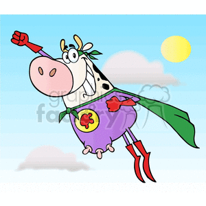 The clipart image shows a cartoon cow dressed in a superhero costume with a green cape and red boots, creating a comical and funny effect. It is a vector graphic, which means it can be resized without losing quality. The cow is depicted as a flying superhero, suggesting strength, power, and perhaps a sense of humor. 