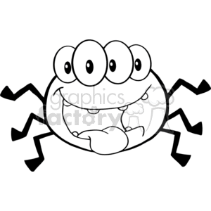 this line art drawing depicts a spider with 6 legs and 4 eyes. It has its tonge sticking out. Great for Halloween games or projects