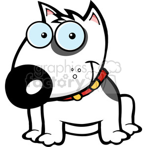 The image shows a cartoon of a white puppy with large, exaggerated blue eyes. The puppy has a black spot around one eye, a few whisker spots on the muzzle, pointy ears with pink interiors, and is wearing a red collar with yellow accents.