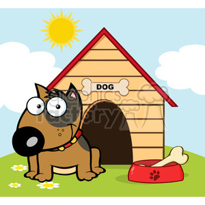  The image is a colorful and cartoonish clipart featuring a brown dog with a red collar sitting outside next to its doghouse, which has a bone-shaped nameplate with the word DOG on it. The background shows a sunny day with a bright yellow sun in the sky and a couple of clouds. There are daisies on the ground near the dog. Beside the doghouse, there